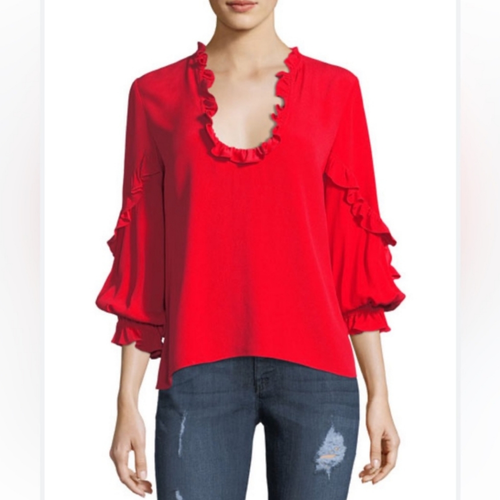 Alexis Brannon Designer Top Women Small Red Long Bishop Ruffle Sleeve Blouse